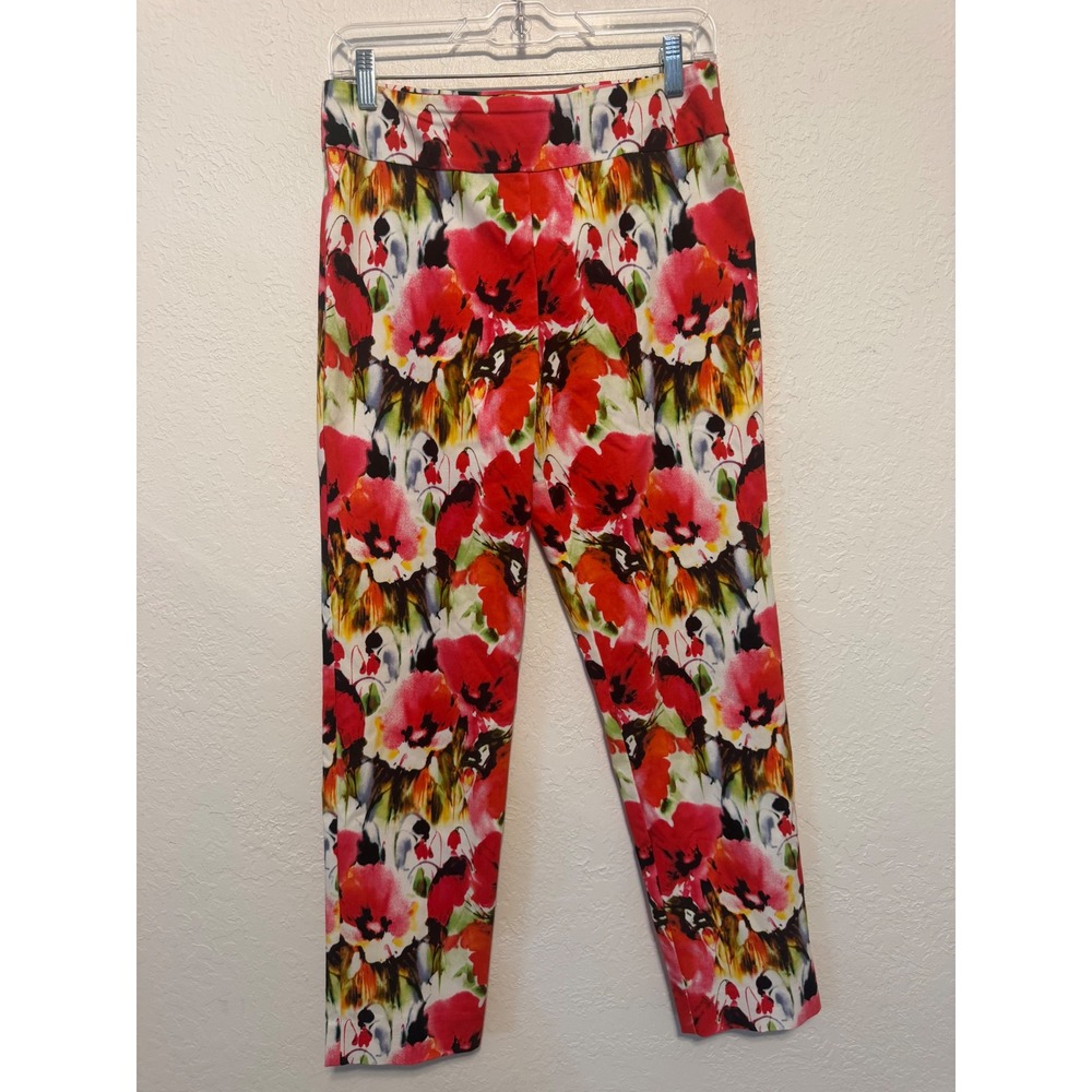 Krazy Larry Red Floral Poppy Print Pull On Ankle Pants Size 8 Made in USA